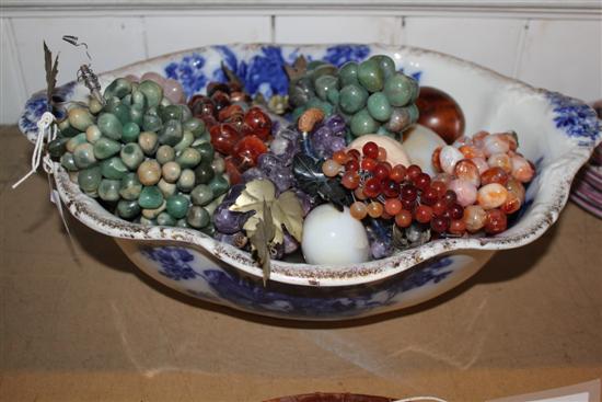 Victorian Staffordshire toilet bowl, with hardstone fruits
